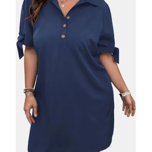 Plus Size Elegant Geel Jurk met Strik Detail - Losse Pasvorm, Korte Mouw, Knie-Lengte, Casual Zomerjurk voor Vrouwen, Casual Kleding|Elegante Casualwear|Comfortabele Pasvorm, Plus Size Jurk
