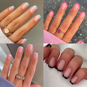 4 Verpakkingen (96 Stuks) Glanzende Korte Vierkante Op Nagels - Franse Tip Nepnagels - Minimalistische Stijl Kunstnagels Voor Dames Meisjes
