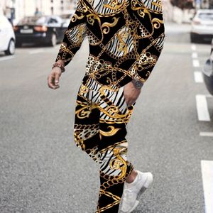 1 set Heren Casual Polyester Jumpsuit, Allover Ketting Print, Crew Hals, Licht Stretch , Reguliere Pasvorm, Lente/Herfst Collectie