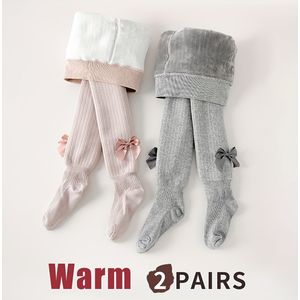 2 stuks baby peuter leggings sokken - Gezellige gevoerde wintersokken voor meisjes - Warm, dik en stijlvol met schattige strikdetail, perfect voor buitenactiviteiten - Baby meisjes panty's