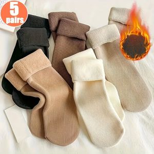 5 Paar Dames' Gezellige Mid-Calf Fleece Sokken - Pluche Dikke Warme Winter Sokken in Zwart, & Wit, Kleur Ontwerp voor Koude Weer , Comfortabele Schoenen, Pluchen Fleece Materiaal