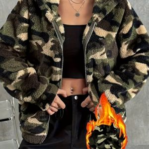 Vrouwen's Geometrische Print Pluche Ritsjas met Zakken - Dubbelzijdig Meerkleurig Ontwerp, Wasbaar Casual Buitenkleding voor Herfst & Winter, Verstelbare Warmte