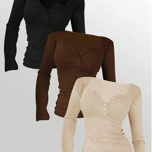 3-delige set 'Wit/Zwart/Grijs Knoopsluiting Half- V-Hals T-Shirts - Laagjes Essentials voor Blouses | Wasmachinebestendig Matige Rek Elegante Basistops & Dames