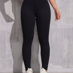 Vrouwen's Slim-Fit Stretch Denim Jeans - Elegante Zwart, Hoge Taille, Comfortabel voor Alle Seizoenen met Witte Sneakers, Hoge Taille Jeans