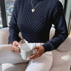 Dames Marineblauwe Coltrui - Elegante Wintertrui Jas, Lange Mouwen Kleur Pullover Jas voor Herfst & Winter, Kantoor tot Feestkleding, Veelzijdige Koude Weer Trui (Geen Riem)