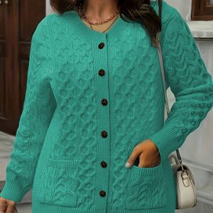 Plus Size, Elegante Ronde Hals Knoopsluiting Blouse voor Dames - Zachte Stretch Jas met Zakken, Kleur Buitenkleding, Wasmachinebestendige Knusse Swe Jas voor Herfst/Winter, Geschikt voor & Casual