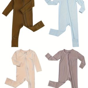 4 stuks Bamboevezel Kinderromper met Antislip Print en Dubbele Rits, Perfect voor Buiten, Knusse Pasvorm,Ademend Materiaal,Rits Onesie