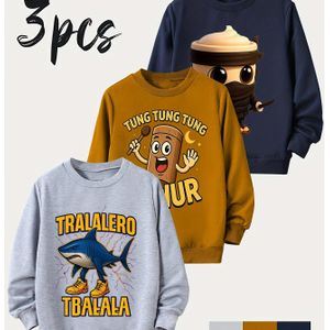 3 stuks Jongens Lente/Herfst Lange Mouwen Crew Neck Sweatshirt met "Italiaanse Hersenrot Element Cappuccino, TUNG TUNG TUNG Zingen, TRALALERO TRALALA Haai" Print