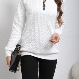 1pc Vrouwen Kleur Kabel Gebreide Ronde Hals Trui met Ketting Detail, Jersey Gebreide Stof, Lengte, Fashion Top