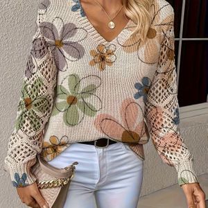 DJ0716022 Herfst- en Wintermode: Modieuze V-hals Lange Mouw Bloemenprint Trui met Uitsnijdingen voor Dames