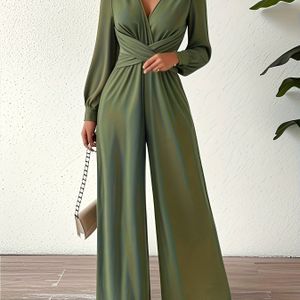 Dames Nieuwe Old Money Stijl Lange Mouwen Spaghetti Bandjes V-Hals Kruis Taille Elegante Jumpsuit, Geschikt voor Werkplek Woon-Werkverkeer Dates en Meer