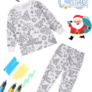 Vlamvertragende Kerstboom Santa Claus Rendier Print Jongens Lange Mouwen Pyjama Set