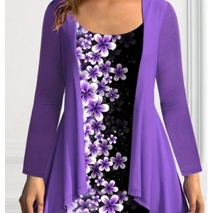 Plus Size - Dames Plus Size Cardigan met bloemenprint - Casual lange mouw, ronde hals, lichtgewicht polyester, perfect voor lente & herfst, casual |Top met bloemenprint|Lichtgewicht cardigan