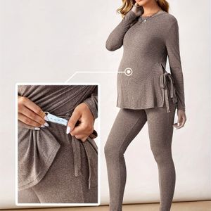 Dames Zwangerschaps Casual Sportkleding Set - Rekbare Top met Lange Mouwen & Broek, Machinewasbaar