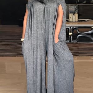 Elastische bandeau jumpsuit in plus size voor dames, polyester 95% elastane 5% gebreide stof, lange lengte met zakken, medium stretch, H-fit voor lente/zomer - geen riem