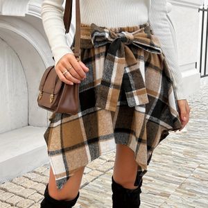 Vrouwen Elegante Asymmetrische Zoom Rok - Beige//Zwart/Wit Ruitpatroon, Machinewasbaar voor Alle Seizoenen van Kantoor tot Casual , Stijlvolle Streetwear met Zakontwerp