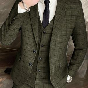 Heren 3-delige Schotse Tartan Pak Set - Zware Trouw- en Zakelijke Pakken, Winter Formele Kleding met Bijpassende Jas, Vest & Broek (Donkergrijs/Zwart/) - Handwas/Stomerij - Op Maat Gemaakt