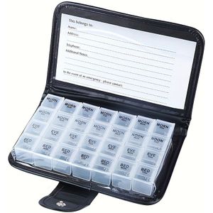 7-Dagen Pillenorganizer met Dagelijkse Containers - Stijlvolle Zwarte Kunstleren Reismedicijnendoos, Extra Vakken voor - en Medicatiebeheer, Inclusief Kleurrijke Wekelijkse Organizer , Pillendoos