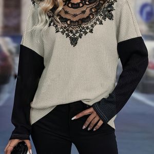 Kant Splicing Kleur T-shirt, Elegante Ronde Hals Lange Mouw Losse T-shirt Voor Lente & Herfst, Dameskleding