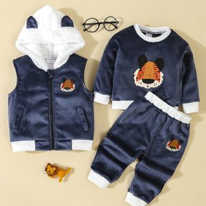 Winter Jongens Schattig Tijger Borduursel Pak met Fluweel Capuchon Vest + Zilveren Vos Fluweel Ronde Hals Shirt + Casual Broek