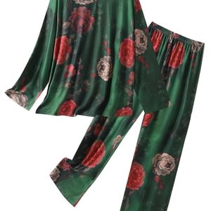 Dames Plus Size Herfst/Winter Pyjama Set, Lange Mouwen V-hals Top met Elastische Tailleband Broek, Elegante Volledige Print Gebreide Stof, Volwassen