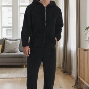 Heren Pluche Full-Body Onesie Pyjama met Capuchon & Rits - Losse Pasvorm Lange Mouwen & Broek, Wasmachinebestendige Knusse Nachtjapon voor Alle Seizoenen