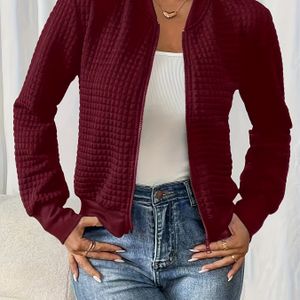 Casual -Baseballjack met Rits - Kastanjebruin & Wit Tweekleurig, Opstaande Kraag, Machinewasbaar, Lente/Herfst Buitenkleding voor Casual Uitjes, Wafeltextuur Kleding