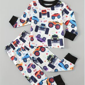 Jongens 2-delige pyjamaset, ronde hals lange mouwen top & print broek, zachte polyester, medium stretch, casual losse pasvorm, gebreide stof, ideaal voor lente/herfst - Cadeau voor dagelijks