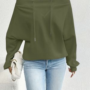 Plus Size Kleur Off Shoulder Sweatshirt, Casual Trekkoord Lange Mouw Sweatshirt Voor Lente & Herfst, Vrouwen Plus Size Kleding