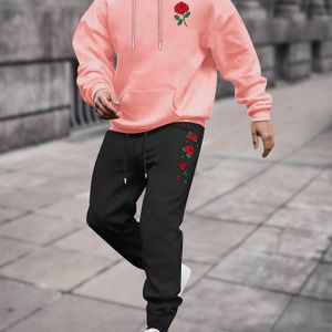 Men's Fleece-lined Rose Print Hoodie & Joggers Set - Casual, Stretchy Polyester , Drawstring Pants For Fall/winter