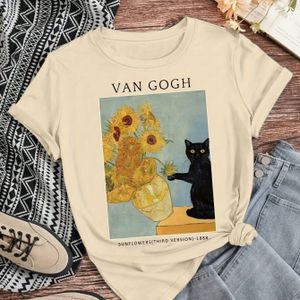 Dames Casual Khaki T-Shirt met Vintage Cat & Olie Schilderij Ontwerp - Zacht, Korte Mouw, Ronde Hals Top voor Lente/Zomer Feesten en Casual Kleding, Dames T Shirt