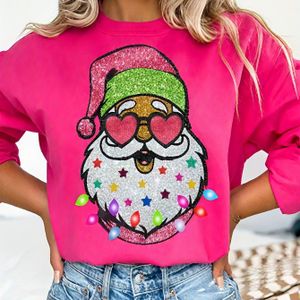 Vrouwen Kerstprint Trui - Levendig Roze Lange Mouw Casual Top met Santa Claus, Hartjes & Sterren Design, Knus Wasbaar Winterfeest Kleding, Feestelijke Glitterige Print, Kersttrui voor Feestdagen