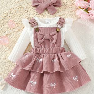 3-delige meisjesjurk met lange mouwen, , strikje op de rug & haarband - Zachtroze & Outfit voor alle seizoenen, zoom & strikdetail, perfect voor lente/herfst, voor buiten