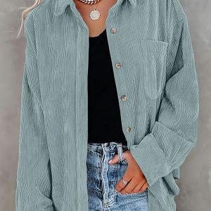 Plus Size - Dames Casual Corduroy Button-Up Shirt - Lange Mouw, Groen, Niet Stretch Stof, Lente/Herfst Stijl met Zakken, Perfect voor Casual Kleding, Casual Draag|Pocketed Shirt|Nonstretch Stof