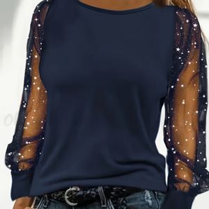 Stijlvolle Blouse voor Dames met Contrasterende Mesh & Pailletten Lantaarnmouwen, Ronde Hals - Ademend Kantafwerking, Rekbare Stof, Wasbaar in de Machine voor Lente Zomer Herfst, Seizoensmode
