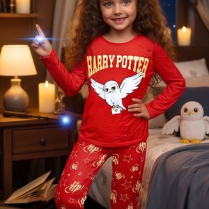 Bros. Harry Potter Sneeuwuil Cartoon Stijl Lange Mouw, Harry Potter Fantasy Logo Print Broek, Harry Potter Cartoon Stijl Lange Mouw Pyjama Set, Geschikt Voor Thuisgebruik, Perfect Voor Familie