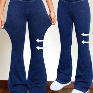 2025 Nieuwe Aankomst: Diepblauw Hoge Taille Wijd Uitlopende Jeans voor Meisjes - Rekbaar, Comfortabele Retro Stijl, Perfect voor Familie Matching en Feestelijke Outfits