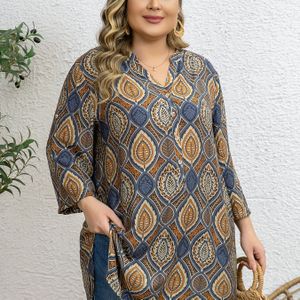 Plus Size - Elegant V-hals Lange Broek | Driekwart Mouw, Tropische Print, Sluiting, Verstelbare Lengte, Non-Stretch Stof, Oversized Pasvorm voor Weekend Casual