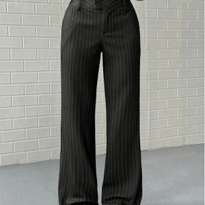 Vrouwen Casual Gestreepte Broek met Schuine Zakken - Zwart & Wit Strepen, Elastische Tailleband, Losse Pasvorm Broeken voor Kantoor, Semi-formele en Casual Kleding, Klassiek , Gladde Textuur Stof