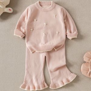 2 stuks Handgebreide Romperpak - Schattige Kantbroek & Bijpassende Trui, Lente/Herfst Outfit, Wasmachinebestendig (Geen Riem Nodig), Perfect voor Buiten