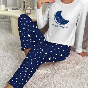 Sterrenprint Pyjamaset, Top Met Lange Mouwen En Ronde Hals En Broek Met Elastische Tailleband, Damesnachtkleding En Loungewear