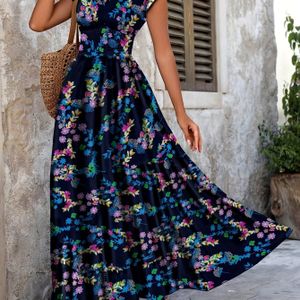 Maxi-jurk met bloemenprint voor dames - V-hals, korte mouw, vleermuismouwen, lichtgewicht en wuivend, perfect voor lente/zomer vakantie, vakantie outfit|Bloemenprint jurk|Lichtgewicht stof