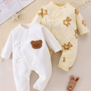 2 stuks Romper, Schattig Cartoon Beer met Vlinder Design, 100% Katoen Comfortabele Jumpsuit voor Herfst/Winterkleding