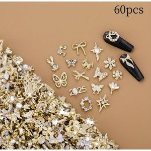 60-delige Luxe Gouden Legering Nail Art Kit | Inclusief Strass steentjes, parels, hartjes en linten, geurloos, voor knutselen en sieraden maken
