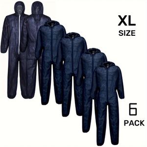 6 stuks, wegwerp marineblauwe PP overall met capuchon en zonder voeten, 100% polypropyleen materiaal, individueel verpakt. Geschikt voor huishoudelijk schoonmaken, productie, etc. Niet gebruik