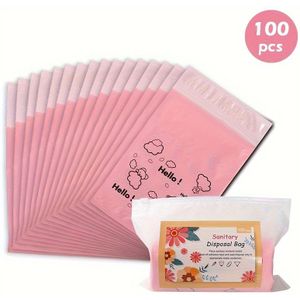 100 stuks draagbare dikke wegwerp hygiënische zakjes met zelfklevende sluiting, damesmaandverband- en tamponafvalzakjes voor het weggooien van sanitair