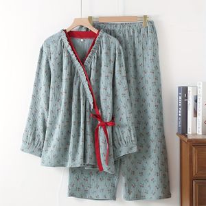 2-delige Pure Katoenen Dubbellaags Gaas Herfst/Winter Kimono Pyjama voor Vrouwen, Vintage Print, Lange Mouwen, Lange Broek, Lente/Herfst Loungewear