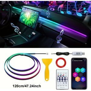 110/120cm Acryl Neon Dreamcolor Auto LED Strip Licht met APP Afstandsbediening Glasvezel Sfeerverlichting Kit - Geluidssynchronisatie RGB Lichten, USB-Gevoed, 12V