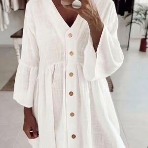 Elegant White V-neck Midi Dress For Women - Long Sleeve, Button Front, Semi-sheer Summer Dress With Hem & Cuffs, Machine Washable, | Sophisticated Detailing