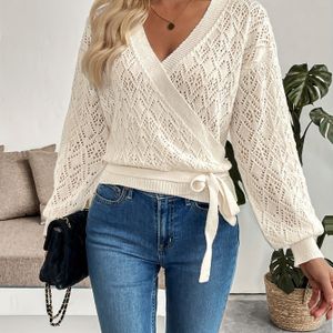 Dames Casual Cardigan - Lange Mouw, V-hals, Tie-Front, Losse Pasvorm, Beige, Perfect voor Herfst/Winter, Lichtgewicht & Stijlvol, Lichtgewicht Cardigan